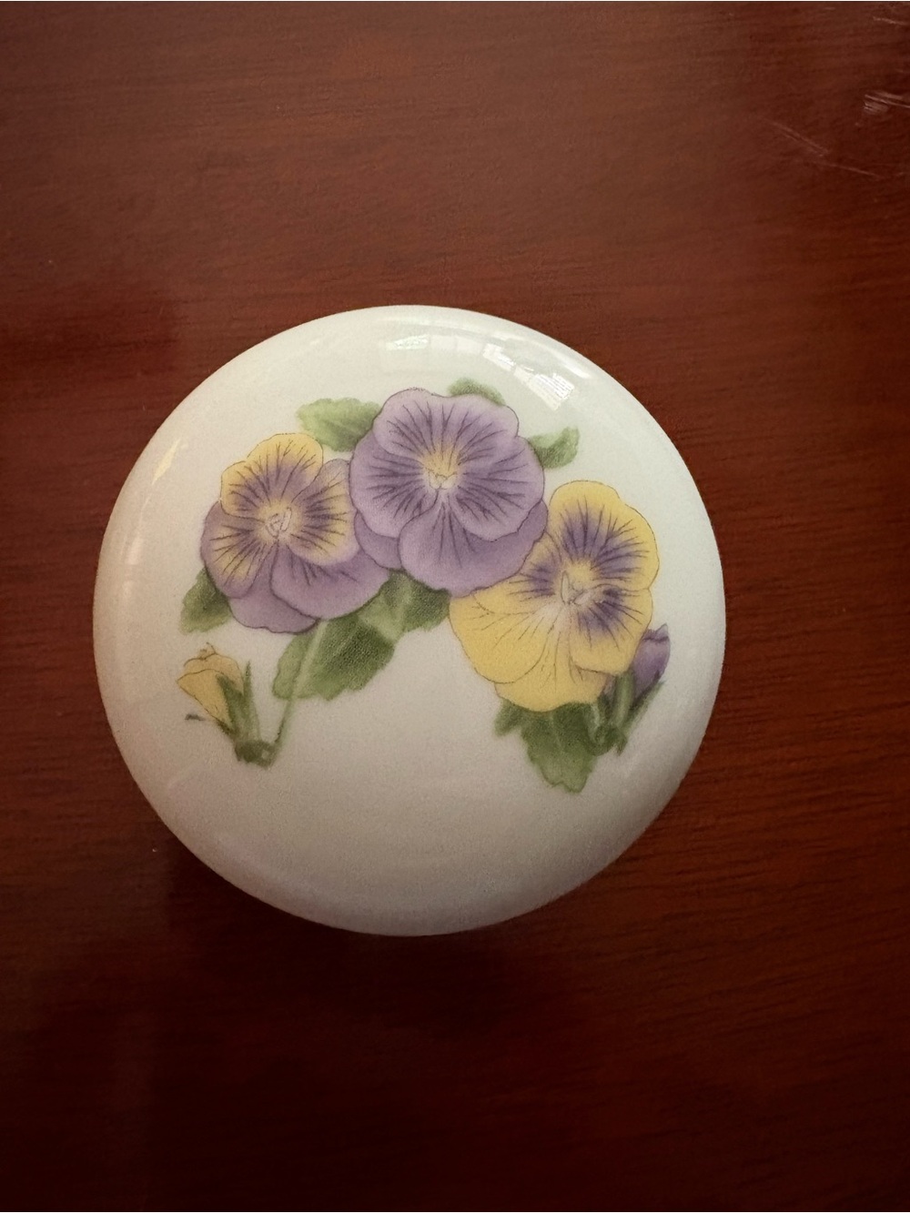 Round Ceramic Trinket Box with Purple and Yellow Pansy Floral Lid